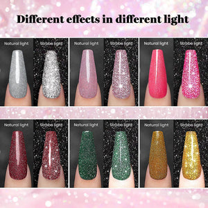 Diamond glitter gel polish dual light effect natural light vs strobe flash reflective sparkle comparison 6 colors