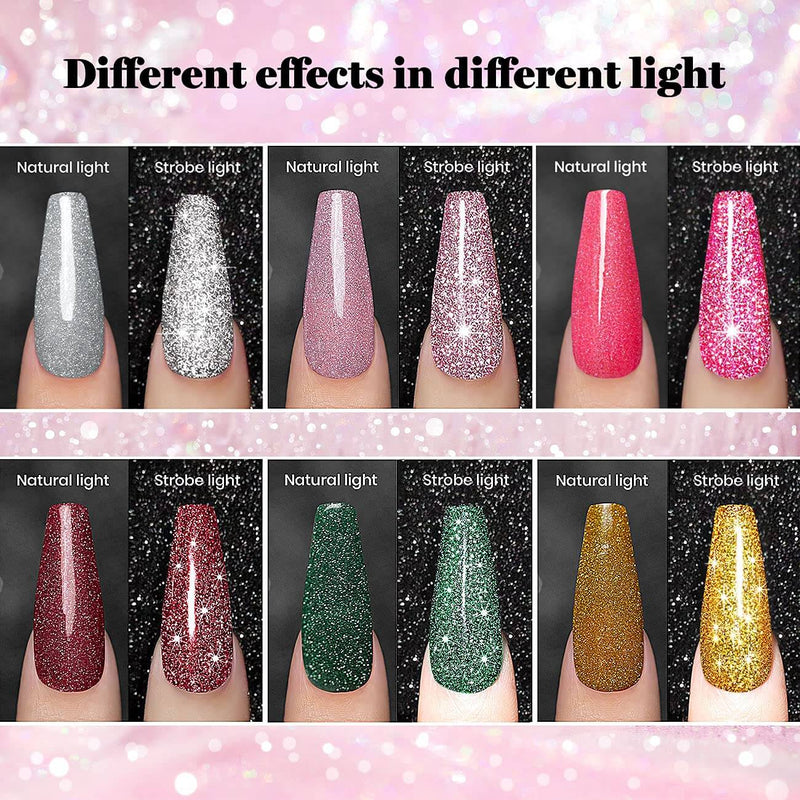 Diamond glitter gel polish dual light effect natural light vs strobe flash reflective sparkle comparison 6 colors