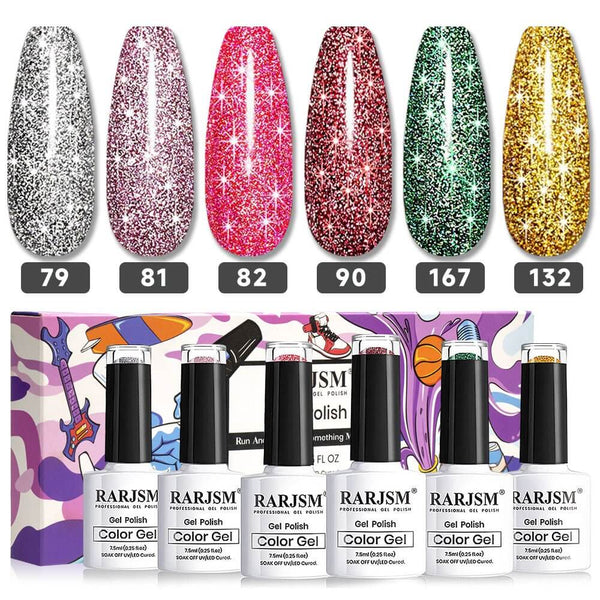 RARJSM ® 6 Colors Explosion Diamond Reflective Glitter Nail Gel Set| 7.5ml 6pcs - RARJSM