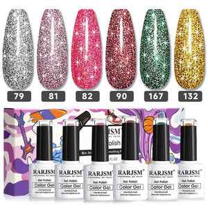 RARJSM explosion diamond gel polish 6 bottles set color gel swatches TPO HEMA free EU certified safe vegan 7.5ml