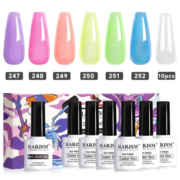 RARJSM ®Classic Color Gel Set | Translucent Neon Jelly Gel Nail Polish Set| Set of 6 Colors Gel & Free 10 Sizes Long Fake Nails | 7.5ml 6pcs - RARJSM