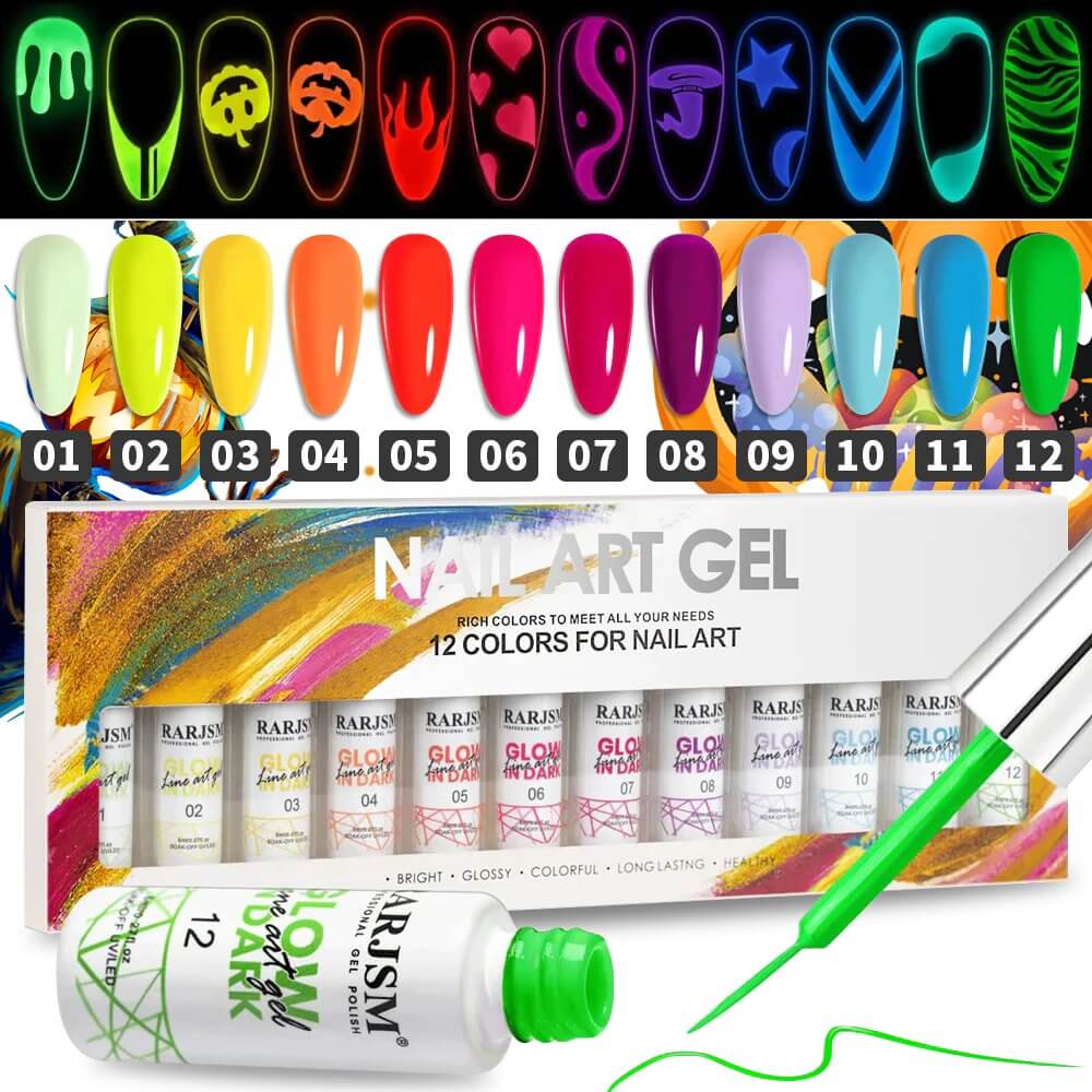 RARJSM ® Halloween 12 Colors Glow In The Dark Nail Art Gel Liner Polish Set｜8ml 12pcs