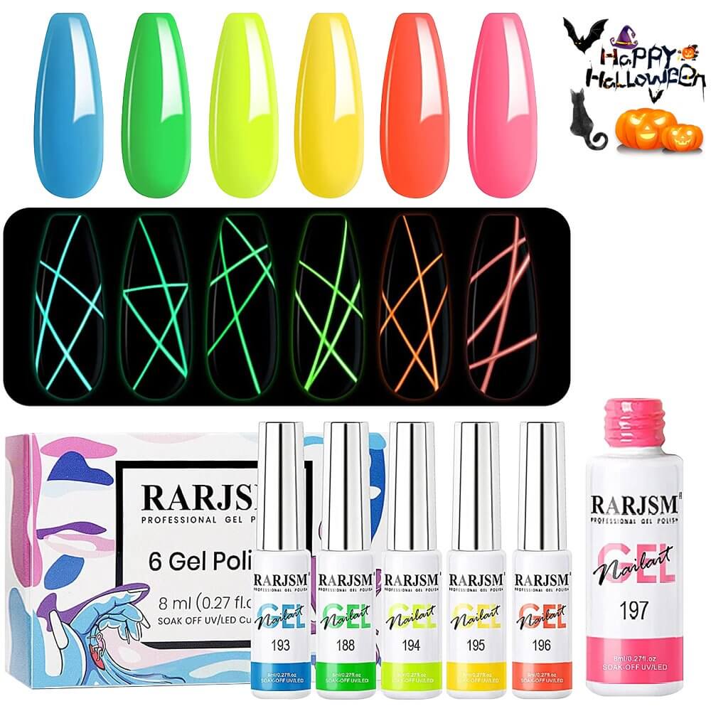 RARJSM ® Halloween 6 Colors Glow In The Dark Painting Nail Art Gel Liner Polish Set｜8ml 6pcs