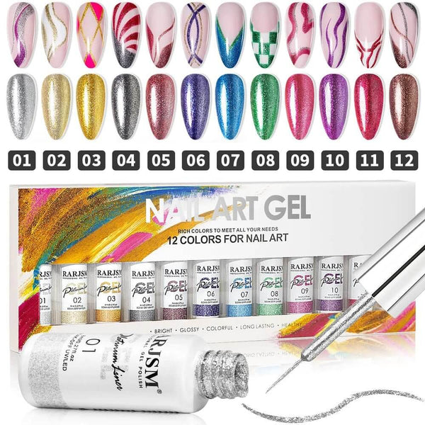 RARJSM ® Nail Art Gel Liner | 12 Colors Matallic Glitter Painting Nail Gel Polish Set｜8ml 12pcs