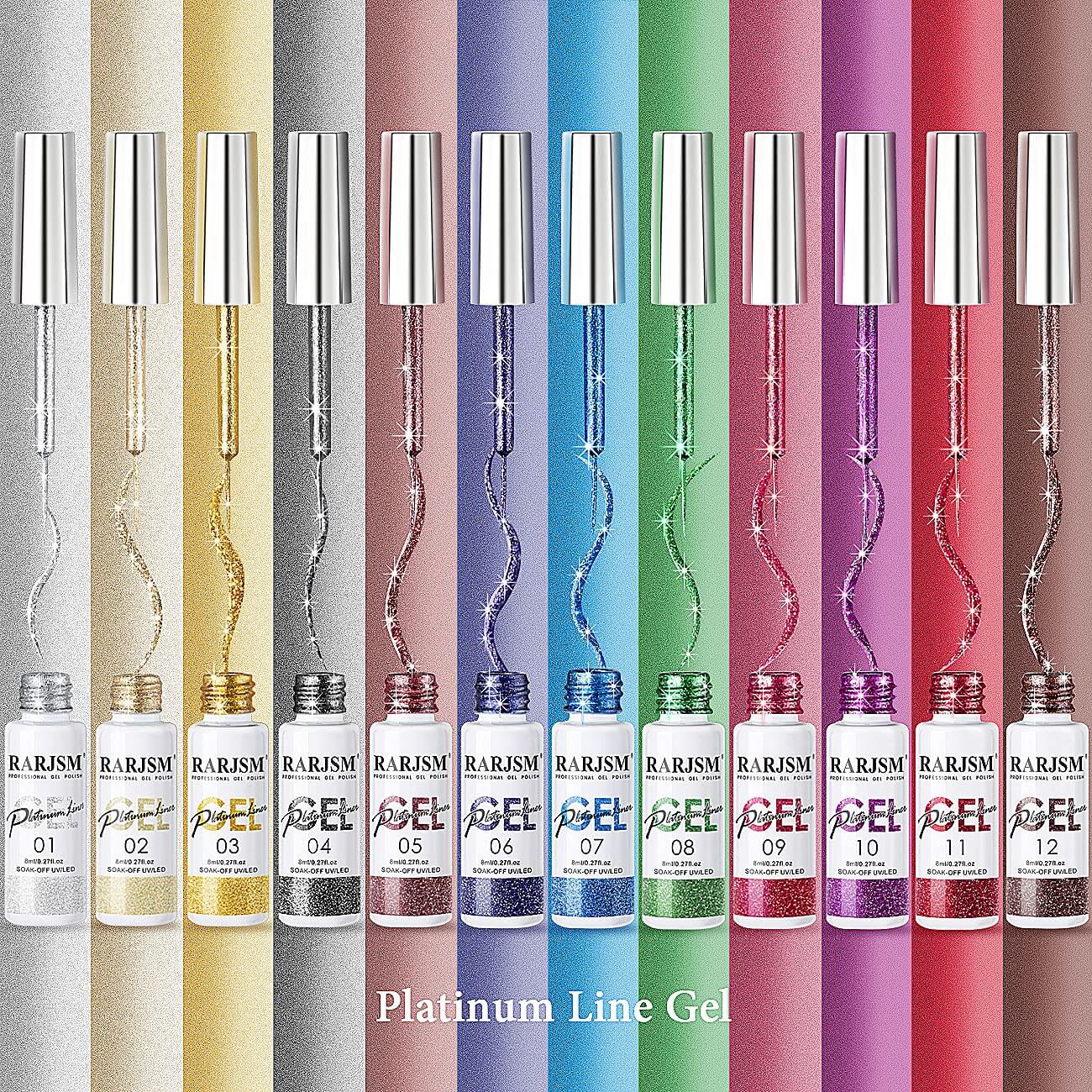 RARJSM ® Nail Art Gel Liner | 12 Colors Matallic Glitter Painting Nail Gel Polish Set｜8ml 12pcs