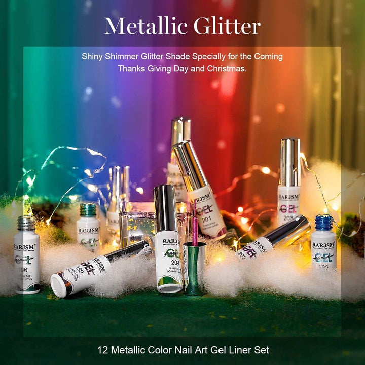 RARJSM ® Nail Art Gel Liner |12 Colors Metallic Glitter Painting Nail Gel Polish Set｜5ml 12pcs
