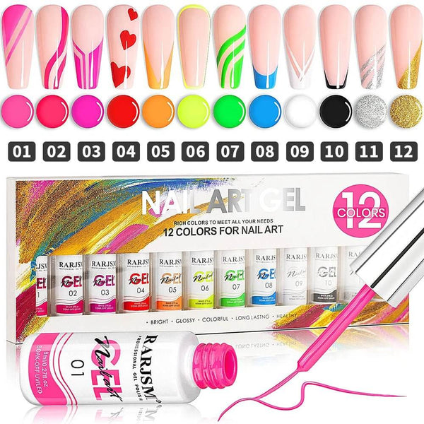RARJSM ® Nail Art Gel Liner | 12 Colors Neon Painting Nail Gel Polish Set｜8ml 12pcs - RARJSM