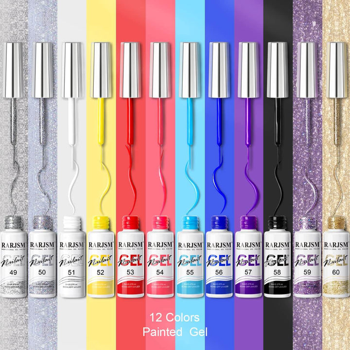 RARJSM ® Nail Art Gel Liner | 12 Colors Primary Color Painting Nail Gel Polish Set｜8ml 12pcs