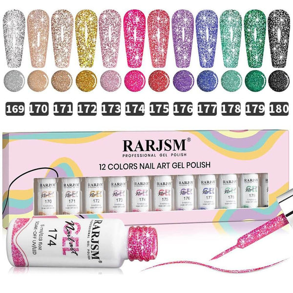 RARJSM ® Nail Art Gel Liner | 12 Colors Reflective Glitter Painting Nail Gel Polish Set｜5ml 12pcs - RARJSM