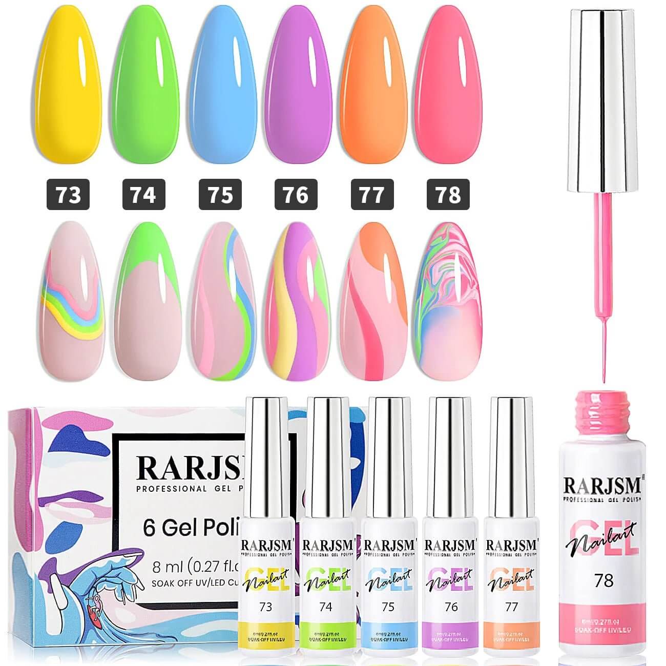 Marshmallow pastel gel liner 6 candy colors 73-78 yellow green blue purple orange pink nail art TPO HEMA free 8ml
