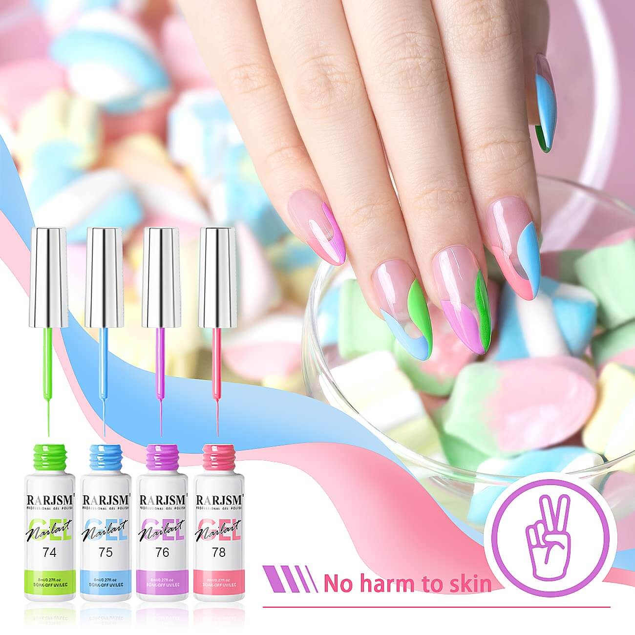 Candy pastel gel liner nail art marshmallow colors fine line designs sweet romantic manicure 2026 spring trend
