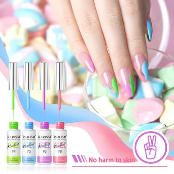 Candy pastel gel liner nail art marshmallow colors fine line designs sweet romantic manicure 2026 spring trend
