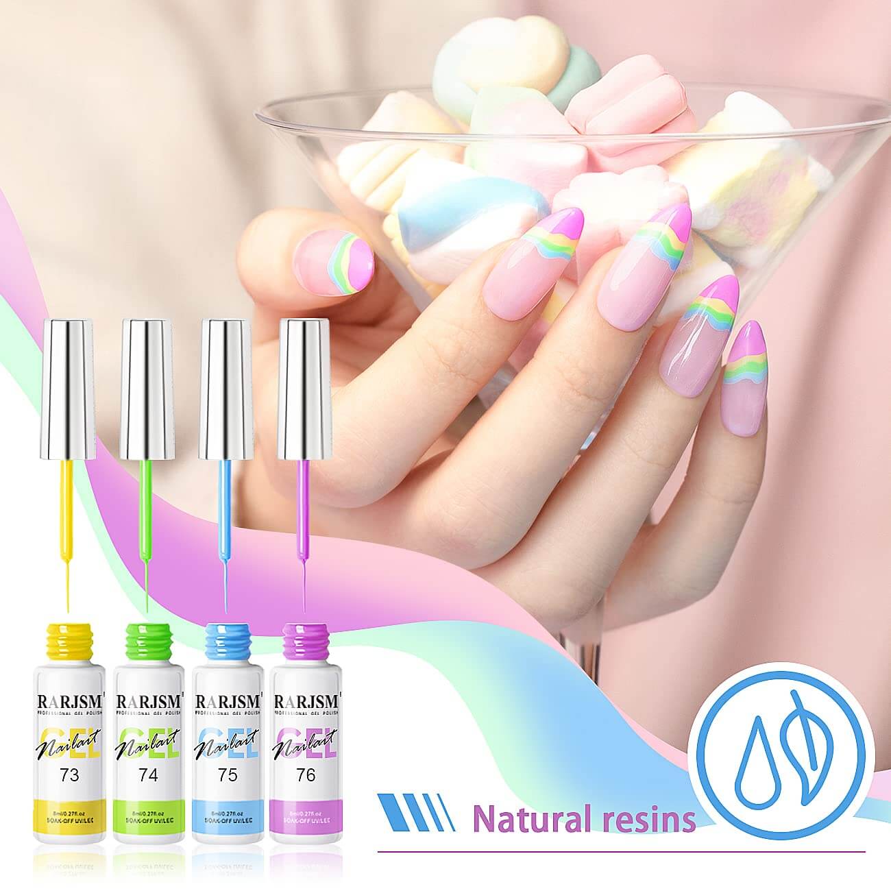Pastel gel liner rainbow nail art manicure gradient design spring summer candy colors 21 days lasting professional quality

