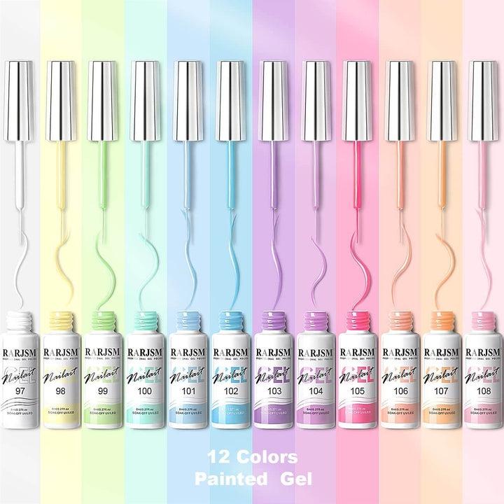 RARJSM ® Nail Art Gel Liner | Spring Summer Collection|12 Colors Pastel Color Painting Nail Gel Polish Set｜8ml 12pcs