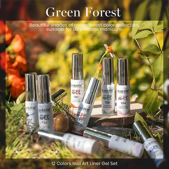 RARJSM ® Nail Art Gel Liner | Winter Dark Colors Collection|12 Colors Green Forest Painting Nail Gel Polish Set｜5ml 12pcs