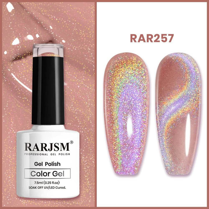 RARJSM ®Rose Gold 9D Holographic Rainbow Galaxy Cat Eye Gel Polish