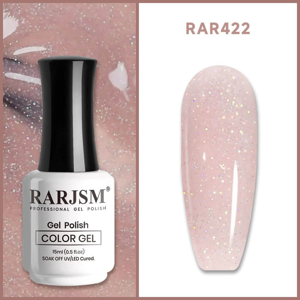 RARJSM Sheer Pink Rainbow Shimmer RAR422 gel polish bottle 15ml with iridescent glitter nude finish swatch TPO HEMA free
