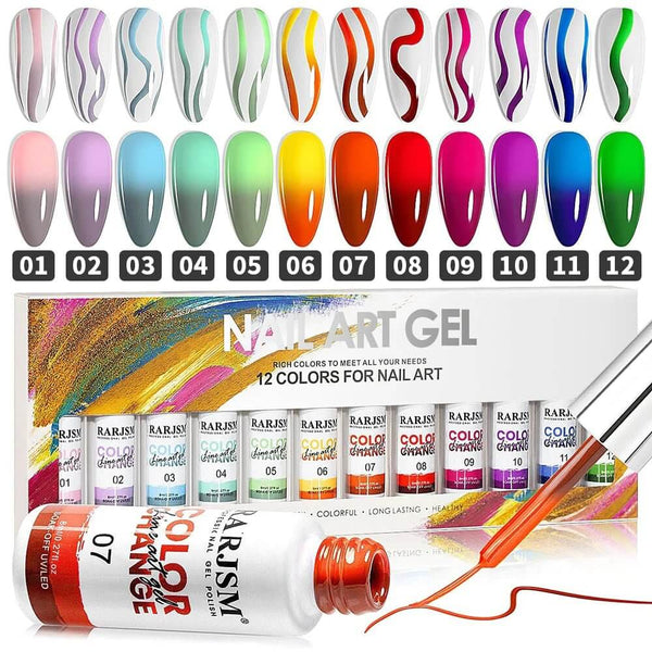 Temperature Color Changing Nail Art Gel Liner 12 Colors Set 8ml - RARJSM