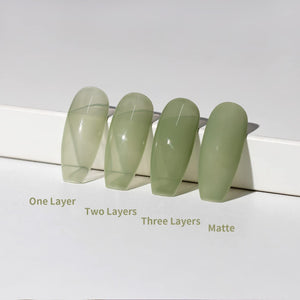 Different layers effect comparison 1 layer 2 layers 3 layers matte finish sheer sage green jelly buildable opacity on nail tips
