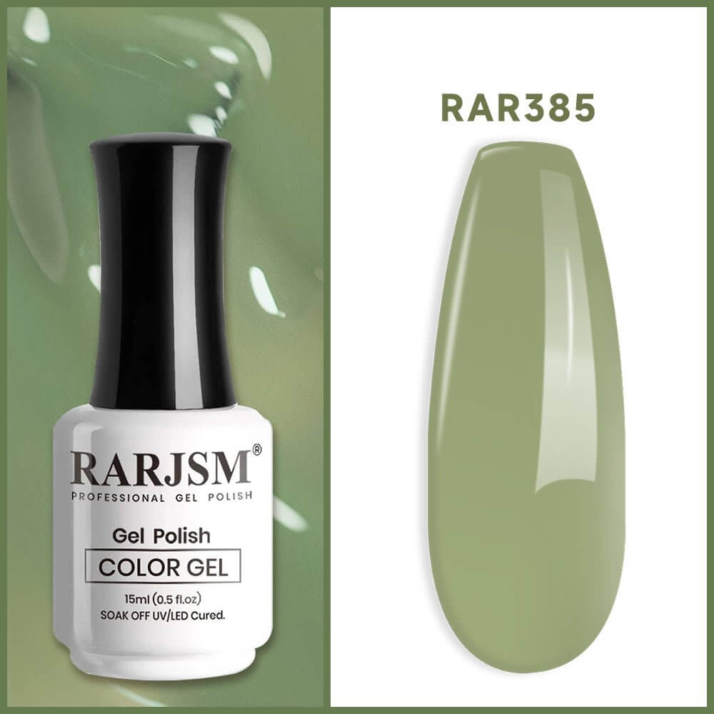 RARJSM Sage Green Jelly RAR385 translucent gel polish bottle 15ml with buildable coverage swatch TPO HEMA free
