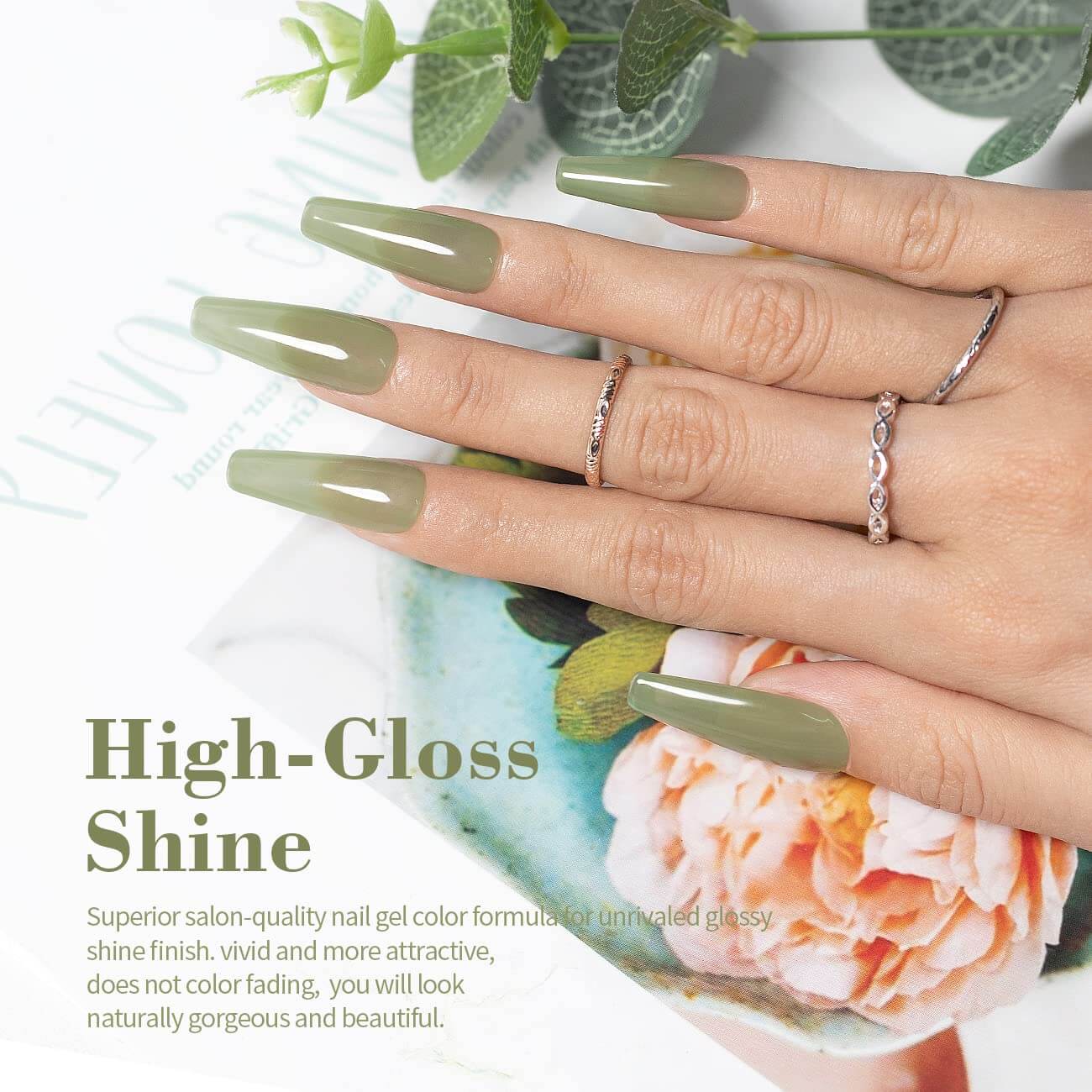 Sage green jelly manicure high-gloss shine long coffin nails natural elegant look with silver rings
