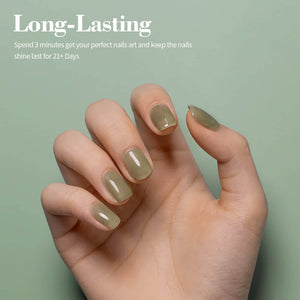 Long-lasting 21 days sage green jelly manicure short square nails natural sheer finish on hand
