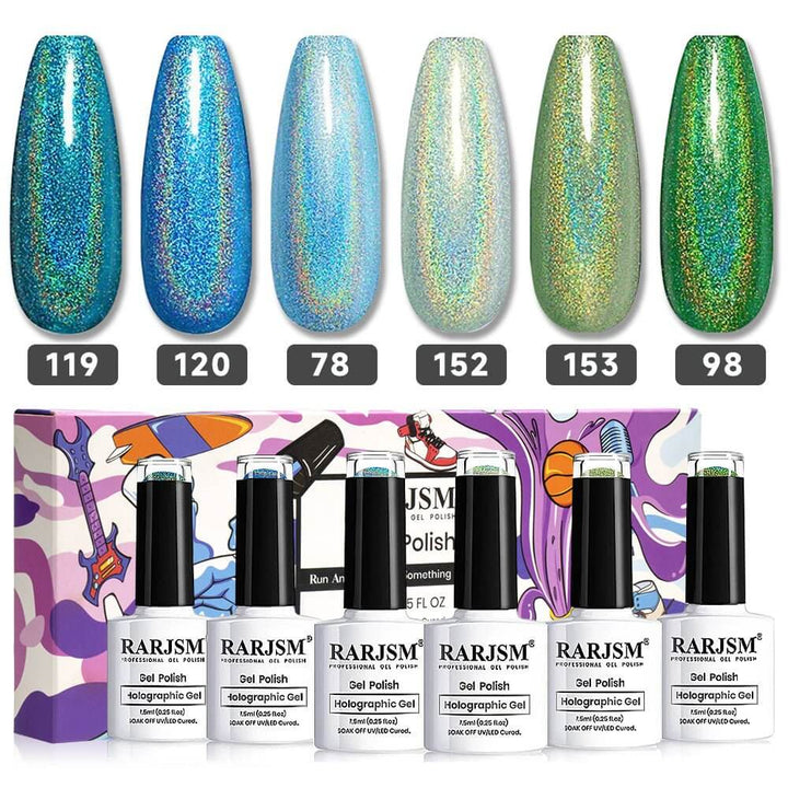 Turquoise Green 6 Colors Holographic Gel Nail Polish Set for summer 7.5 ml - RARJSM